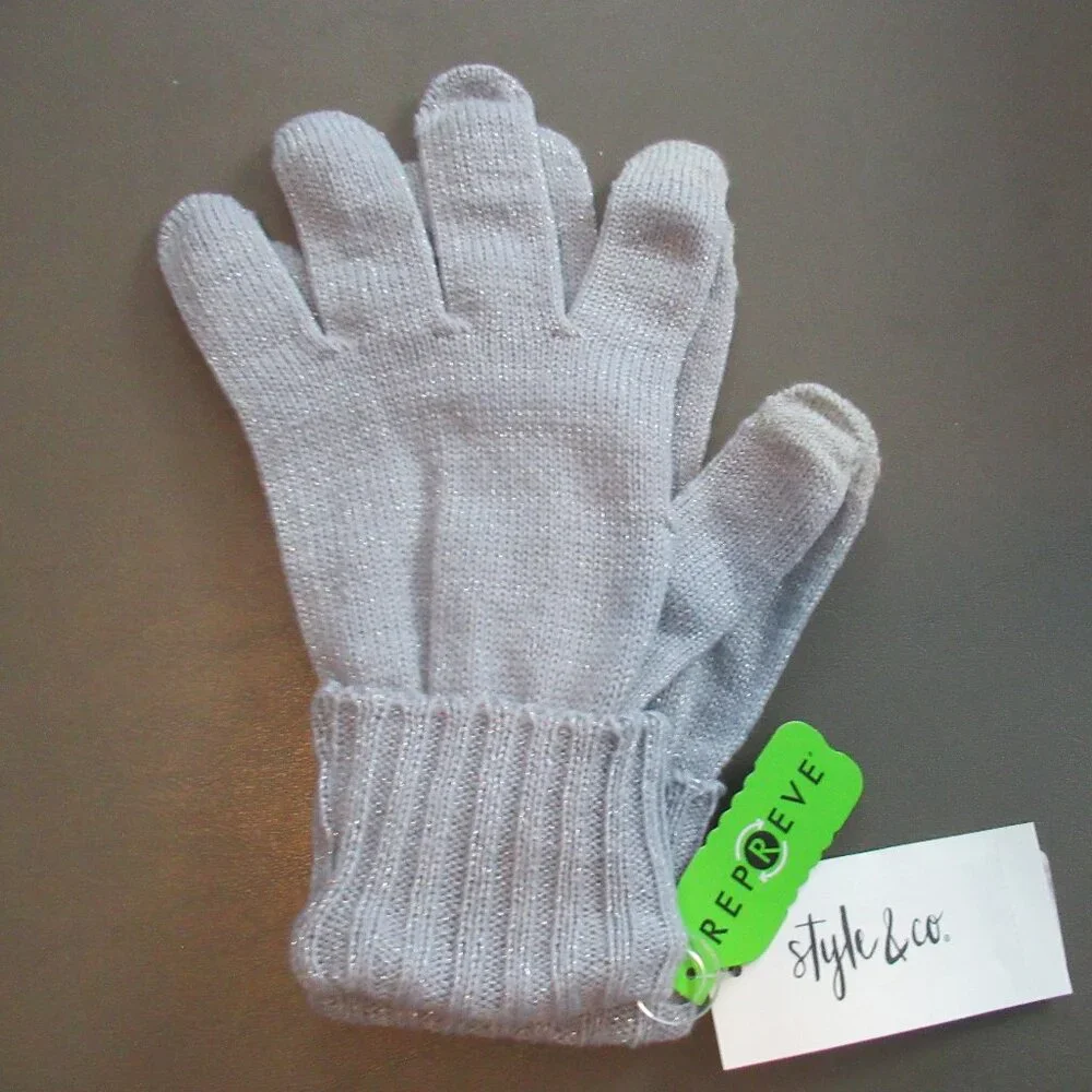 Style & Co. Women's Knit Gloves, Gray Shiny Sparkle, One Size